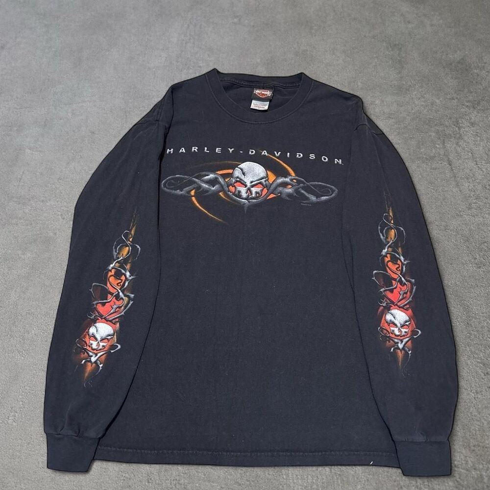 Vintage 2000s Harley Davidson Long Sleeve Shirt Skull Flame Made USA Biker Men L